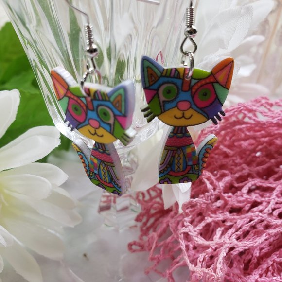 Picasso like kitty Earrings Multi-color Earwire - Picture 6 of 6